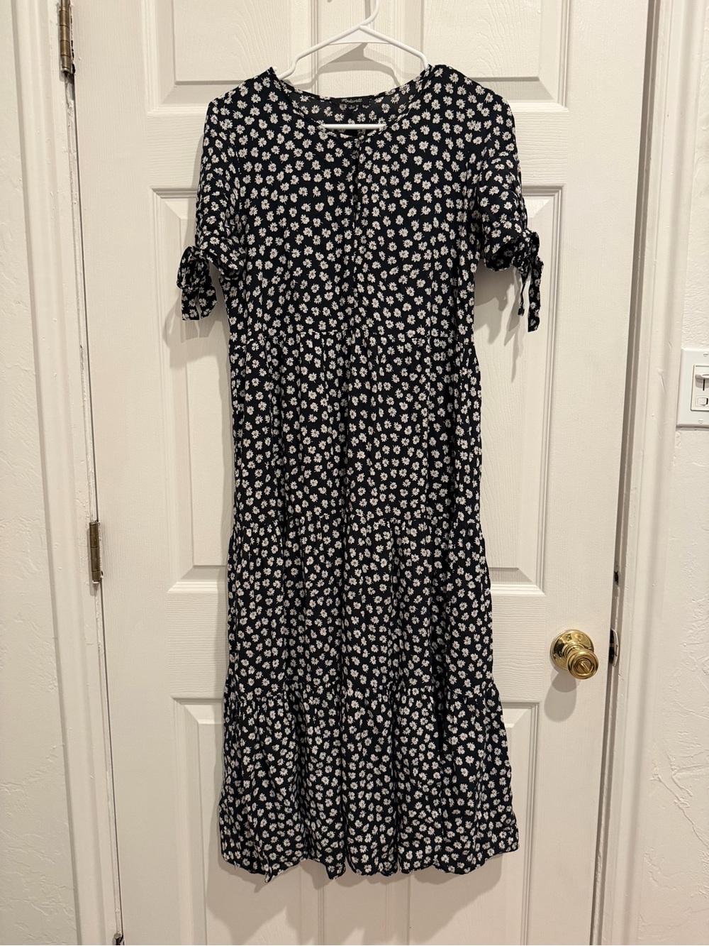 Madewell 100% Cotton Black Floral Tiered Midi Dress with Tie Sleeves